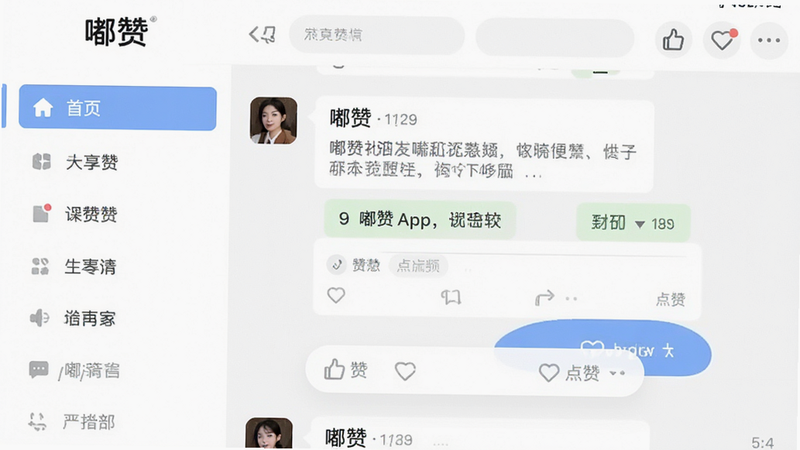 主体为嘟赞APP的主界面截图,布局清晰,左侧为导航栏,右侧为内容流,排版整齐,风格现代简约,细节展示聊天窗口与点赞按钮,画质高清,干净,无多余元素,文字