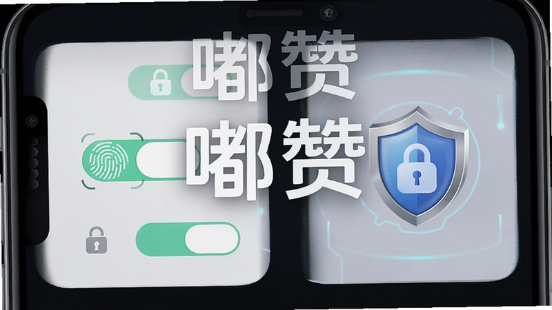 主体为嘟赞APP的隐私设置界面,布局展示开关选项与锁形图标,排版对称,风格科技感强,细节展示指纹识别图标与加密盾牌,画质高清,干净,无多余元素,文字