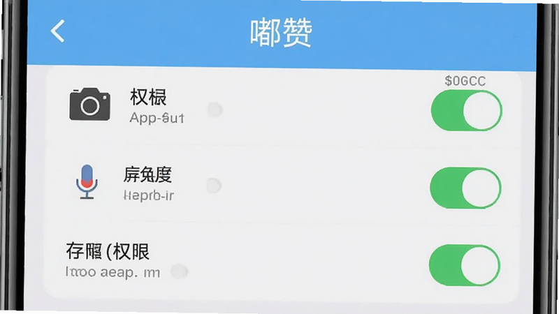 主体为嘟赞APP在手机设置权限界面的截图,布局展示权限开关列表,排版清晰,风格实用主义,细节展示相机、麦克风、存储权限状态,画质清晰,干净,无多余元素,文字