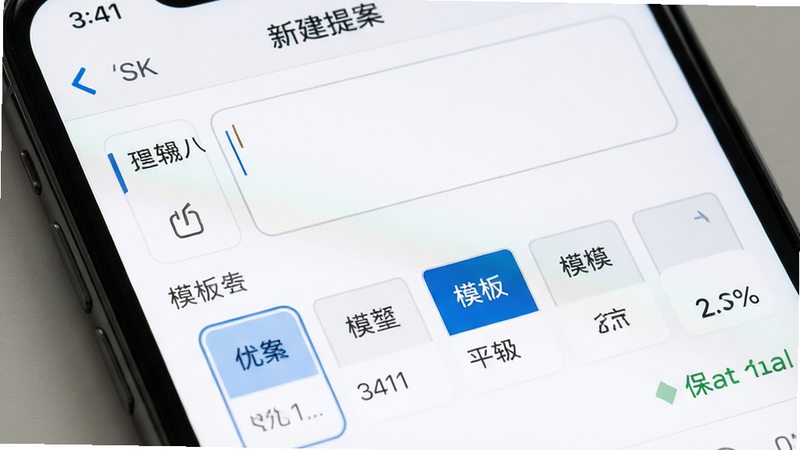 手机界面特写,显示“新建提案”编辑页面,主体为文本输入框与模板选择栏,布局上下分明,排版紧凑有序,风格专业简洁,细节显示字数统计与保存状态,画质清晰,干净,无多余元素