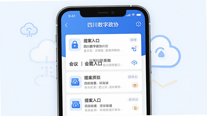 一张展示“四川数字政协”APP核心功能界面的概念图,主体为手机屏幕,布局清晰,显示提案列表与会议入口,排版整齐,风格为现代政务蓝白色调,细节处体现安全锁图标与云端同步标志,画质高清,干净,无多余元素