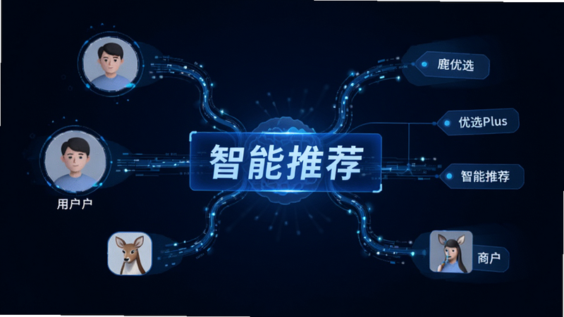 主体为鹿优选Plus推荐算法示意图,布局展示用户头像与商品标签连接线,排版逻辑清晰,风格科技感蓝色调,细节包含数据流动效,文字“智能推荐”高亮,画质清晰,干净无杂乱背景,技术概念图