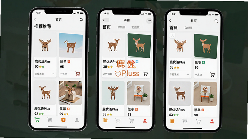 主体为鹿优选Plus App界面全景,布局清晰展示首页推荐流,排版采用现代简约风格,细节包含商品卡片与购物车图标,风格扁平化设计,文字“鹿优选Plus”醒目居中,画质高清,干净无多余元素,UI设计展示
