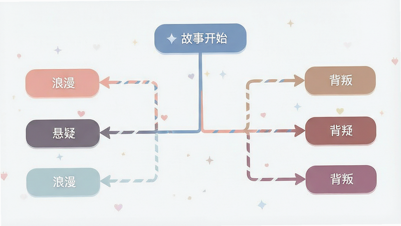 主体为《浪漫的俱乐部》剧情分支示意图,布局为树状结构图,根节点为“故事开始”,分支延伸至“浪漫”、“悬疑”、“背叛”等节点。排版简洁明了,使用箭头连接各节点,风格为扁平化信息图表,色彩柔和,细节清晰,画质干净,无多余装饰。