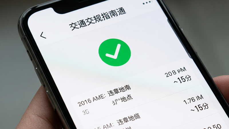 �ֻ���Ļ��д����ʾ����ͨ����ָ��ͨ��APP�ڵ�Υ�²�ѯҳ�棬�м���һ����ɫ�ĶԹ�ͼ���ʾ��ѯ�ɹ����·��г�����Υ�¼�¼��ʱ�䡢�ص�Ϳ۷����飬�����࣬��ɫ��������������
