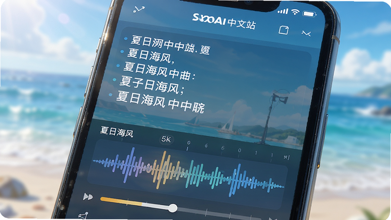 主体为手机屏幕特写,显示SunoAi中文站正在生成一首名为“夏日海风”的歌曲,布局为上下结构,上方是歌词预览,下方是跳动的声波图,风格清新明亮,细节展示中文歌词与进度条,画质超清,无水印