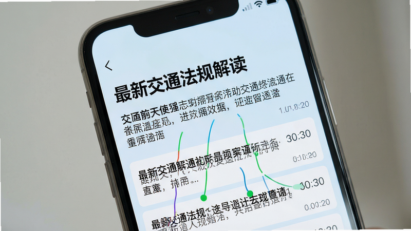 手机屏幕显示新闻列表页面,标题为“最新交通法规解读”,下方有摘要文字,背景为淡蓝色,布局垂直排列,风格新闻化,细节处有时间戳,画质高清,干净,无多余元素