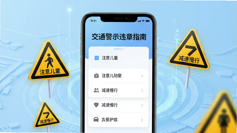 主体为一部竖屏显示的智能手机,屏幕界面展示着“交通警示违章指南”APP的核心功能菜单,背景为浅蓝色科技风,周围漂浮着几个黄色的三角形交通警告标志图标,如“注意儿童”、“减速慢行”,布局整洁,排版清晰,风格现代简约,细节处有柔和的光影效果,画质高清,干净,无多余元素