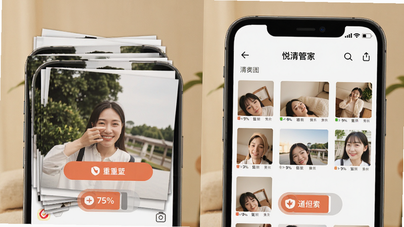 主体为手机相册界面与悦清管家对比视图,布局左侧显示重复照片堆叠效果,右侧显示清理后的整洁相册,排版对比鲜明,风格温馨生活化,细节包含删除按钮和相似度百分比标识,画质细腻,干净,无多余元素