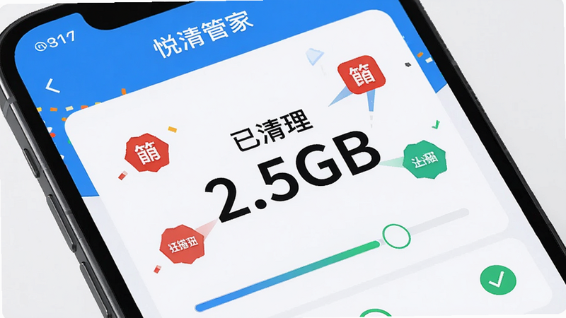 主体为手机屏幕特写,显示悦清管家扫描完成后的结果界面,布局中心突出显示“已清理 2.5GB”的大号数字,周围环绕着被删除的图标动画效果,排版紧凑有序,风格现代极简,细节包含进度条和成功提示符号,画质清晰,干净,无多余元素