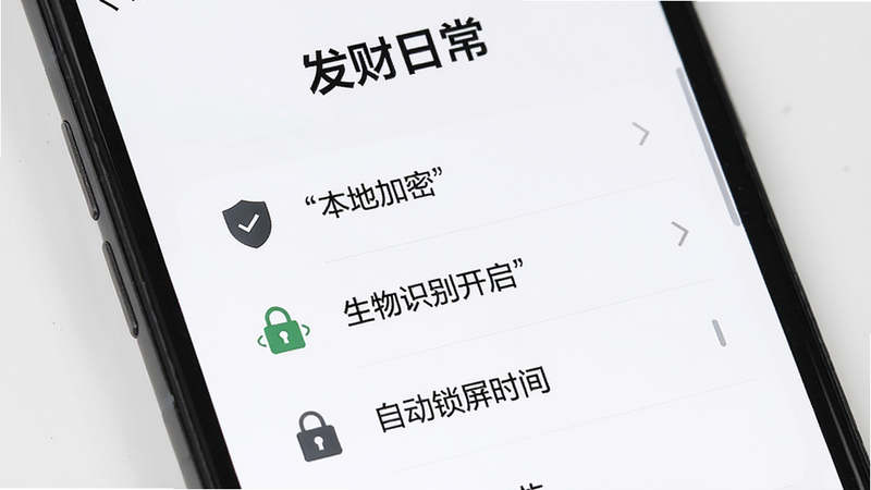 展示“发财日常”应用的隐私安全设置界面,主体为手机屏幕,显示“本地加密”、“生物识别开启”、“自动锁屏时间”等选项,配有盾牌图标和锁头图标。背景为白色,字体黑色,清晰易读。风格严谨、可信,高清画质,无广告干扰。