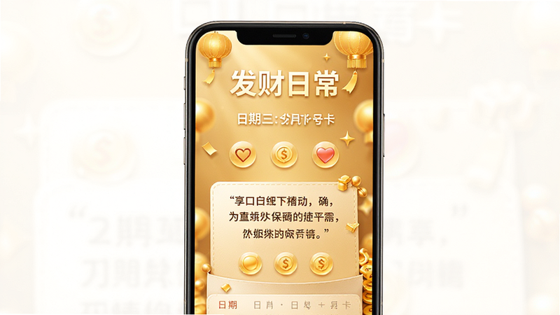 展示“发财日常”应用生成的分享卡片预览图,主体为一张精美的海报设计,包含日期、心情图标和一句励志语录,背景为金色渐变。风格大气、喜庆,高清画质,无水印,文字清晰。