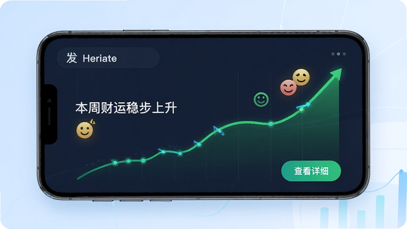 展示“发财日常”应用内的数据图表界面,主体为手机屏幕,显示一条上升的绿色曲线代表财运指数,旁边配有心情图标。界面左侧有文字“本周财运稳步上升”,右侧有“查看详细”按钮。背景为淡蓝色渐变,风格现代、科技感与温馨感并存,画质高清,无水印。