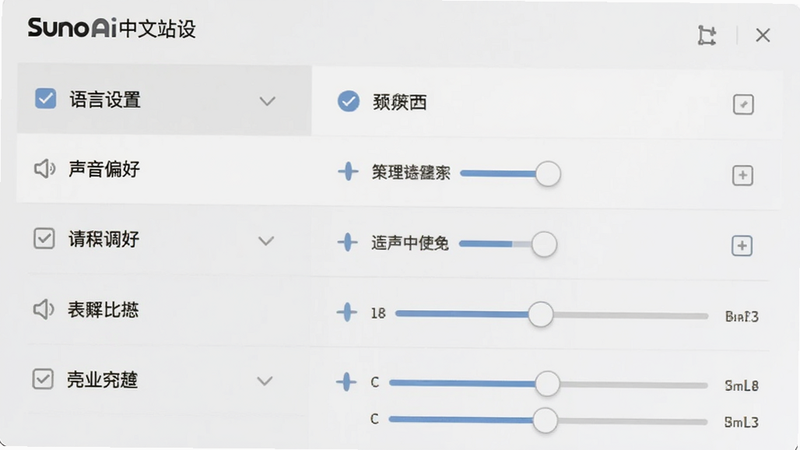 ����ΪSunoAi����վ���ý��棬����Ϊ�б�ʽ�˵�����ʾ���������á���������ƫ�á�������ѡ�����Ϊǳ��ɫ���Ű�����������ƽ����ϸ�ڰ�����ѡ���뻬��ؼ��������������ɾ����޶���Ԫ��