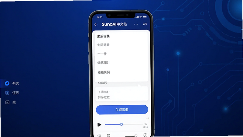 ����ΪSunoAi����վAPP�����ͼ������Ϊ����չʾ�ֻ�ģ�ͣ���Ļ��ʾ����������롰���ɸ�������ť������Ϊ����ɫ�Ƽ��罥�䣬�Ű����࣬����ִ���Լ��ϸ�ڰ������Ĳ˵����벥�Ž����������ʸ��壬�ɾ����޶���Ԫ��