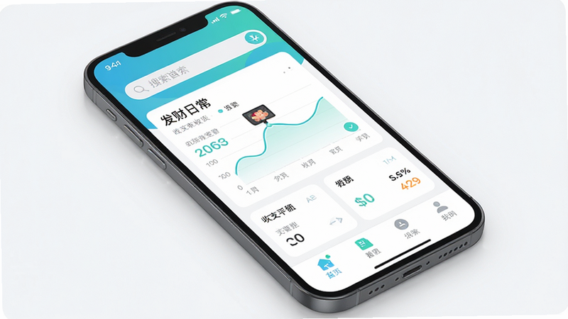 主体是手机屏幕界面,显示“发财日常”APP首页,布局整洁,顶部有搜索栏,中部为收支图表,底部为导航栏,风格扁平化,色彩清新,细节丰富,画质高清,干净无多余元素