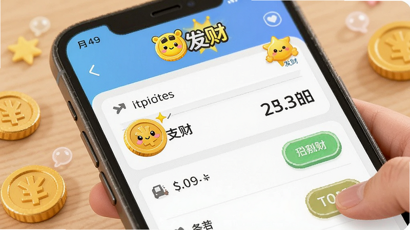 手机界面展示记账页面,用户正在输入一笔支出,屏幕上有可爱的金币图标和“发财”字样,布局清晰,风格卡通,细节生动,画质清晰