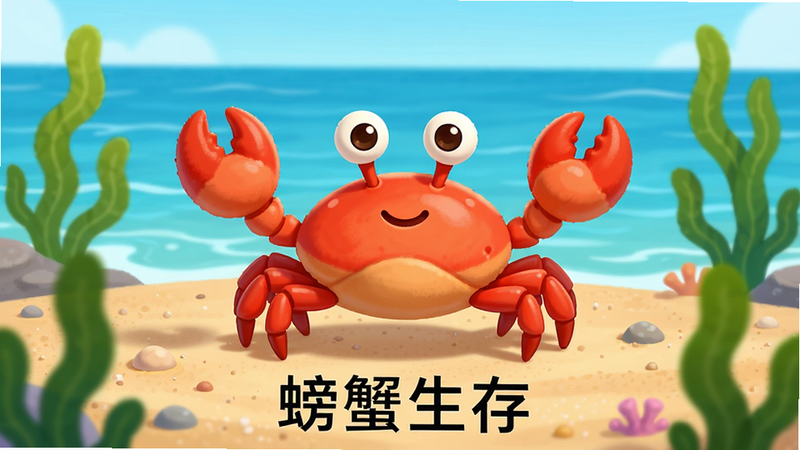 Boogu-Image, 主体是一只卡通风格的红色小螃蟹站在沙滩上,背景是蓝色的海洋和绿色的海藻,布局简洁,排版居中,风格清新治愈,细节丰富,画质高清,干净,无多余元素,文字