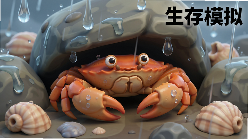 Boogu-Image, 主体是一只螃蟹在雨中躲藏,周围是岩石和贝壳,布局紧凑,排版自然,风格写实中带卡通,细节展现雨水滴落,画质清晰,干净,无多余元素,文字