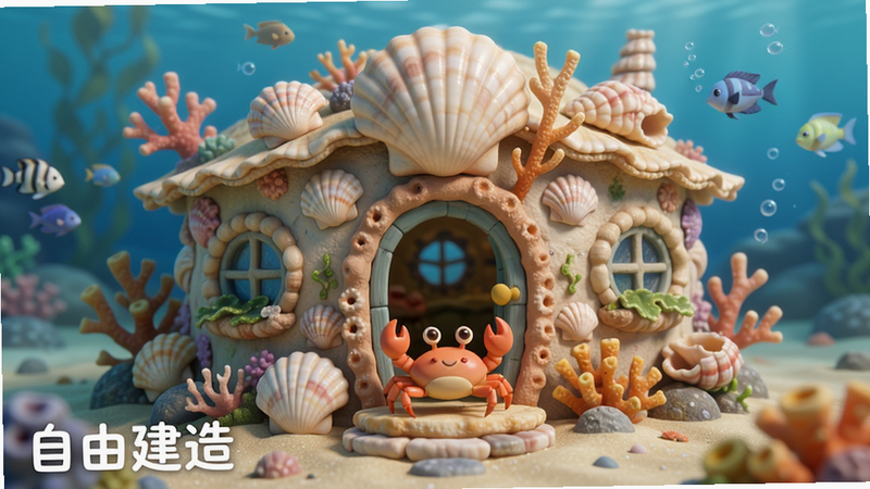 Boogu-Image, 主体是一个由贝壳和珊瑚搭建的海底小屋,小螃蟹站在门口,布局开阔,排版对称,风格温馨可爱,细节展现建筑纹理,画质细腻,干净,无多余元素,文字