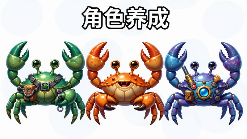 Boogu-Image, 主体是三只不同颜色的螃蟹并排站立,分别展示不同的装备,布局整齐,排版横向,风格活泼生动,细节展现装备光泽,画质高保真,干净,无多余元素,文字