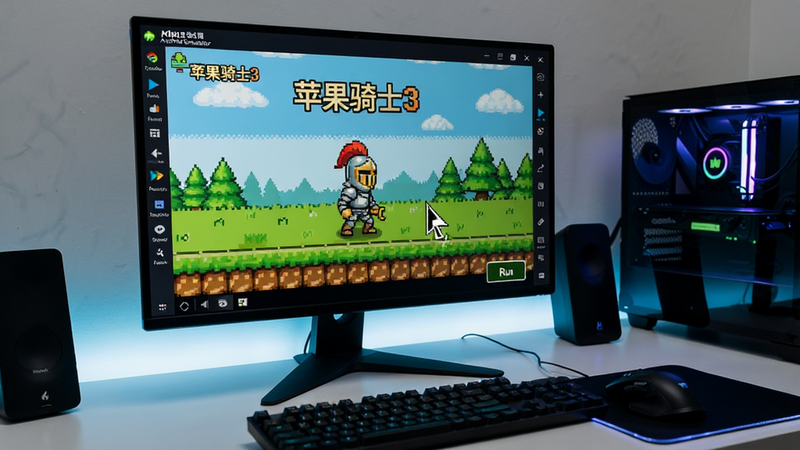 主体为电脑屏幕显示安卓模拟器运行《苹果骑士3》的画面,鼠标指针正在操作,背景为桌面环境,布局清晰,风格现代科技,细节显示模拟器界面元素,画质清晰,干净,文字包含“Android Emulator”、“Run”