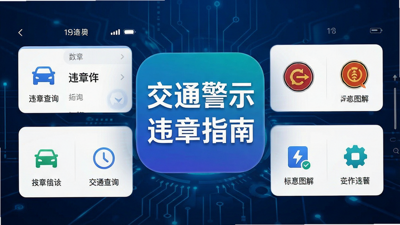 主体为手机应用界面截图,背景为简洁的深蓝色科技风,中央突出显示