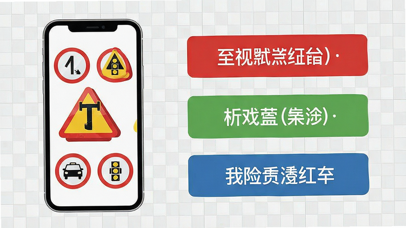 主体为交通标志集合展示图,左侧为手机屏幕显示多个圆形警告标志,右侧为对应的含义文字标签,背景为浅灰色网格,布局左右分栏,排版清晰,风格扁平化,细节清晰可见,高清画质,干净无杂乱线条