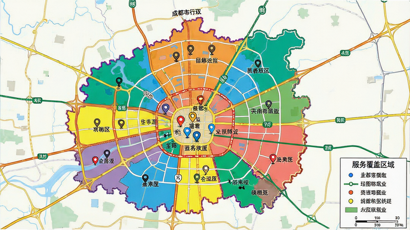 主体为地图区域展示,布局为成都市行政区划地图,排版突出服务覆盖区域,风格为地理信息可视化,细节包括城市道路网、区域边界、标记点,色彩鲜明,画质清晰,干净,无多余元素