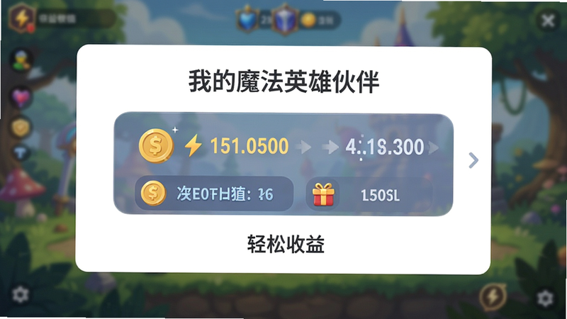主体为《我的魔法英雄伙伴》挂机收益界面,布局为简洁的白色卡片式设计,中央显示金币与经验值累积动画,背景为模糊的游戏场景,排版极简,风格为扁平化UI,细节体现数字跳动与奖励图标,画质柔和,干净清爽,无复杂特效,文字内容