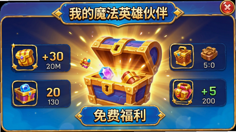 主体为《我的魔法英雄伙伴》福利活动界面,布局为弹窗式展示,中央为宝箱开启动画,背景为金色光芒,排版紧凑,风格为喜庆游戏UI,细节体现奖励物品图标与数量,画质明亮,干净背景,无杂乱元素,文字内容