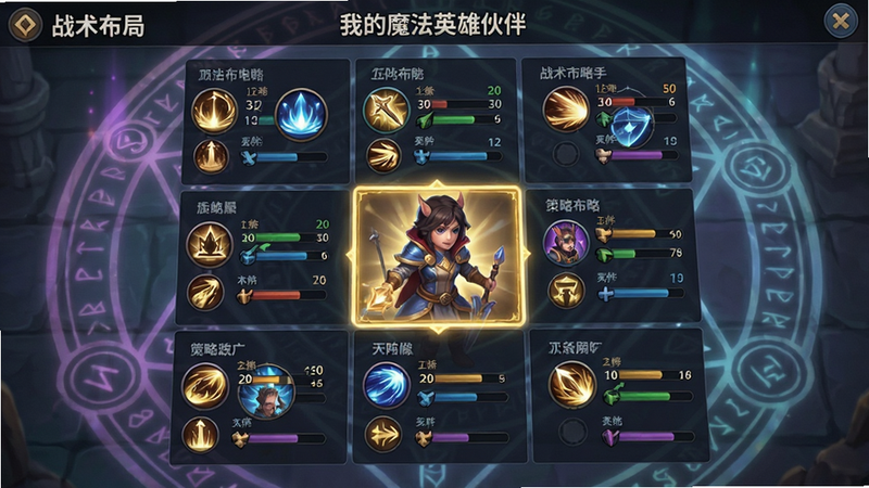 主体为《我的魔法英雄伙伴》策略布阵界面截图,布局为九宫格阵型展示,中央为高亮选中的英雄,周围环绕技能图标与属性数值条,背景为半透明的魔法阵,排版清晰直观,风格为UI设计展示,细节体现数值变化与技能联动,画质清晰,简洁明了,无干扰元素,文字内容