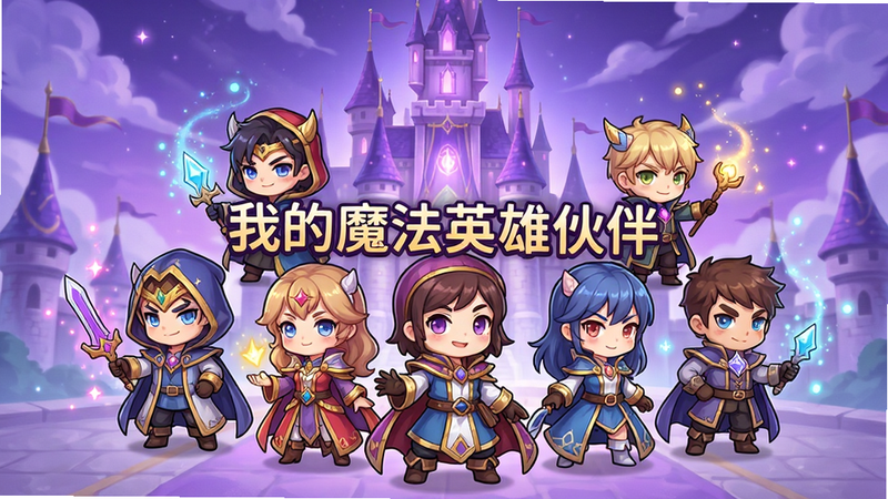 主体为《我的魔法英雄伙伴》游戏主界面,布局采用中心对称构图,中央展示多位身着华丽魔法服饰的Q版英雄角色,背景为梦幻的紫色魔法城堡,排版整洁,风格为清新二次元动漫风,细节丰富,展现魔法粒子特效与英雄表情,画质高清,干净无多余元素,文字内容