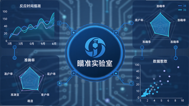 数据可视化概念图,中心是‘瞄准实验室’的logo,周围环绕着动态折线图、雷达图和散点图,展示反应时间、准确率等指标,科技感蓝色调,扁平化设计,清晰易读,无杂乱元素,高清渲染