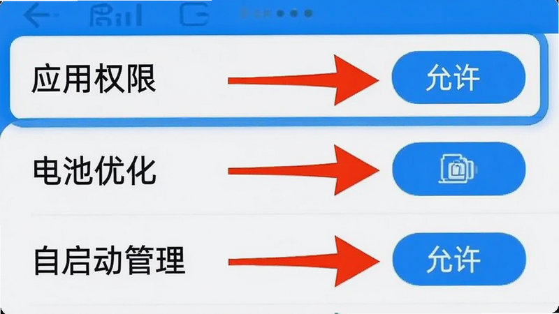 手机设置界面截图,高亮显示‘应用权限’、‘电池优化’和‘自启动管理’选项,箭头指向‘允许’按钮,教程风格,清晰标注,蓝白配色,无模糊,高清UI截图,专业排版