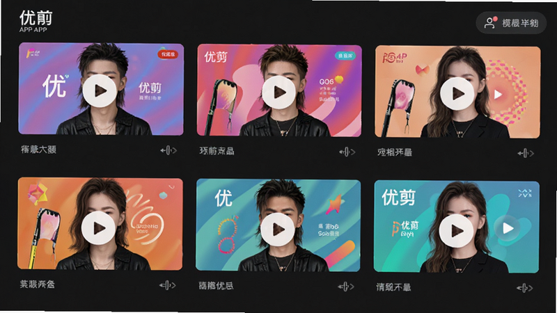 优剪APP模板库界面,网格布局展示多个视频封面缩略图,色彩丰富,风格多样,背景为深灰色,突出模板色彩,高清细节,无多余元素,现代UI设计