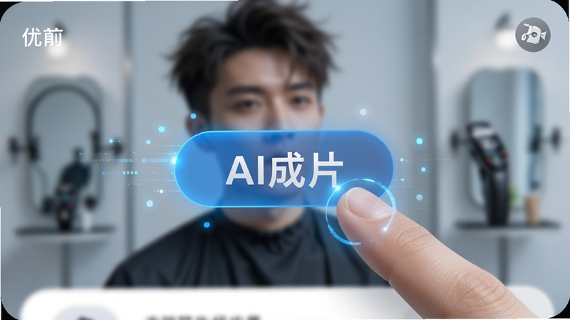 优剪APP界面截图,展示“AI成片”功能按钮,手指点击动作特写,背景虚化,突出科技感,蓝色科技光效,文字清晰,高清无码,干净背景