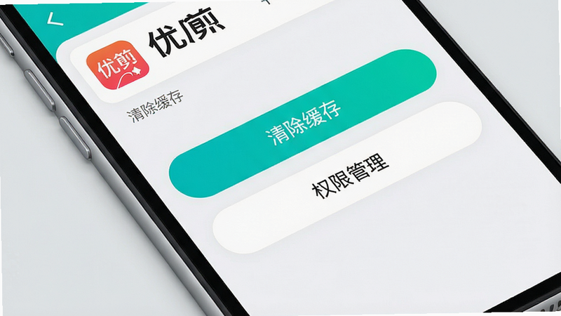 优剪APP设置界面,显示“清除缓存”和“权限管理”选项,手机屏幕特写,背景为浅灰色,界面清晰,按钮高亮,高清无码,干净设计