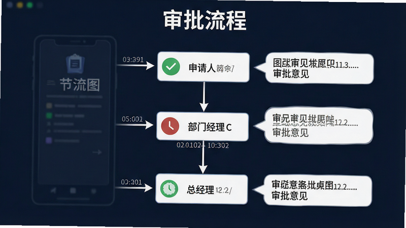 主体为审批流程节点图,显示从申请人到部门经理再到总经理的线性流程,每个节点带有状态图标(如勾选、时钟),布局垂直分布,风格商务严谨,细节展示时间戳和审批意见气泡,画质清晰,无干扰元素,文字“审批流程”在顶部