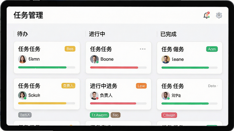 主体为任务看板界面,分为“待办”、“进行中”、“已完成”三列,卡片式布局,每张卡片显示任务标题、负责人头像和进度条,色彩区分明显,风格极简,细节体现标签颜色分类,画质高,干净利落,文字“任务管理”在标题栏