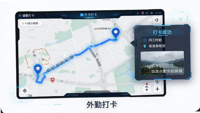 主体为地图界面,显示一条蓝色的移动轨迹线,起点和终点有标记点,旁边弹出打卡成功提示框,包含时间、地点和水印照片缩略图,布局地图占主体,提示框悬浮右侧,风格科技感,细节体现经纬度坐标,画质高,干净背景,文字“外勤打卡”在底部