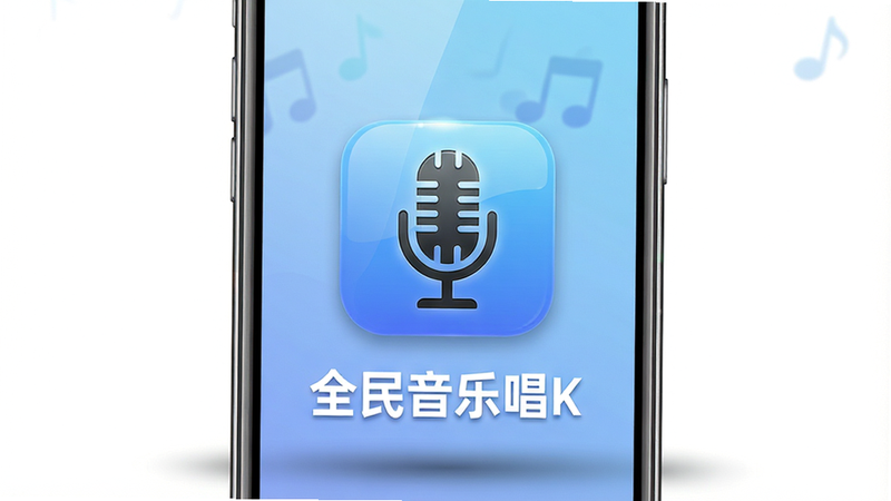 主体为一部竖屏放置的智能手机,屏幕中央显示“全民音乐唱k”的APP图标,图标设计简洁,以麦克风为核心元素,背景为柔和的蓝色渐变。布局为居中构图,手机下方有轻微的阴影以体现立体感。排版清晰,重点突出APP名称。风格为现代极简主义,色彩清新明亮。细节包括手机边框的金属质感反射,屏幕内的图标光泽感。画质高清,1080p,干净无多余元素,无文字水印。