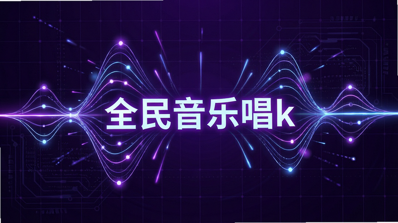 主体是一个抽象的声波可视化界面,背景为深紫色科技感网格。布局为横向展开,声波线条流畅起伏,中间高亮显示“全民音乐唱k”字样。排版具有动态感,线条从中心向四周发散。风格为未来科技风,霓虹光效。细节包括声波节点的发光效果,背景网格的细微纹理。画质超清,4K,无杂质,无多余装饰。