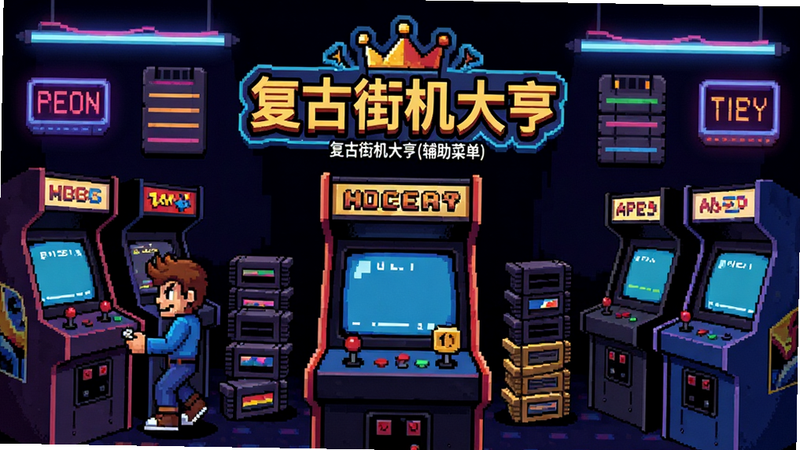 主体为一台复古像素风街机厅全景图,布局中央是“复古街机大亨”LOGO,排版呈对称式,风格为8-bit像素艺术,细节包含闪烁的霓虹灯管、堆叠的卡带盒、正在投币的角色,画质高清8K,干净无多余元素,文字“复古街机大亨(辅助菜单)”清晰居中显示