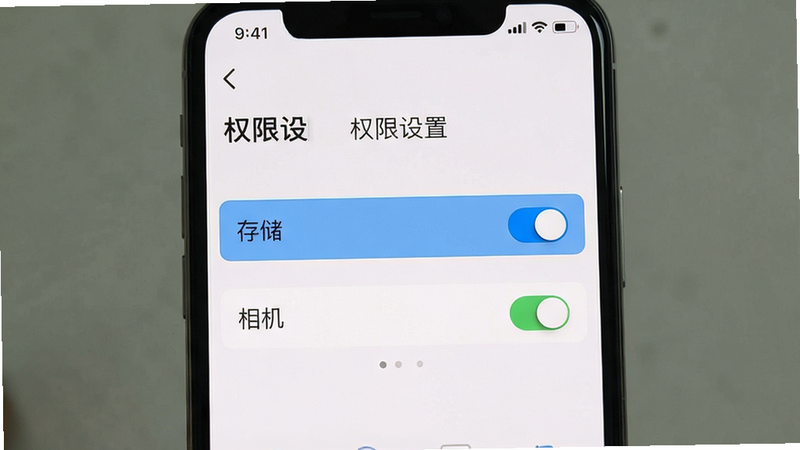 主体为手机设置权限界面,高亮显示“存储”与“相机”权限开关,布局居中,风格为UI界面截图风,细节包含开关滑块,画质清晰,干净,文字“权限设置”标题显示