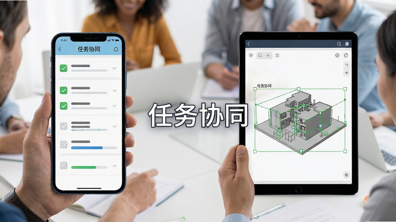 主体为多人协作场景,左侧手机显示任务列表,右侧平板显示BIM模型标注,布局左右对称,风格为扁平化商务风,细节包含勾选标记与进度条,画质高清,干净,文字“任务协同”居中显示