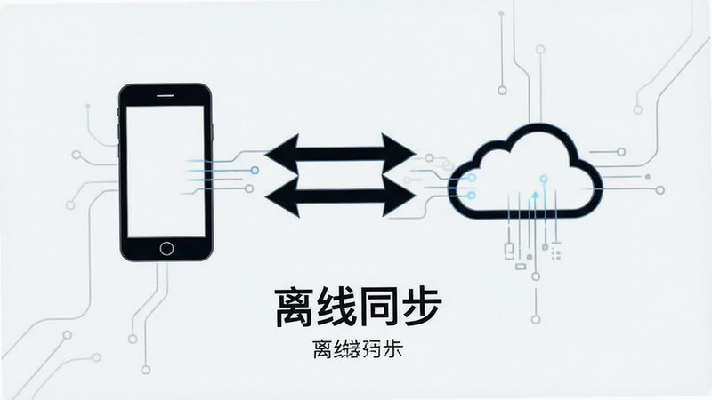 主体为信号连接示意图,手机图标与云朵图标之间有双向箭头,布局简洁,风格极简科技,细节包含数据流线条,画质清晰,干净,文字“离线同步”下方小字显示