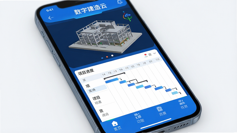 主体为手机屏幕显示数字建造云APP界面,布局清晰,顶部展示BIM三维建筑模型,中部为项目进度甘特图,底部为功能导航栏,风格为现代科技感蓝色调,细节包含高清渲染的建筑结构,画质4K,干净无多余元素,文字“数字建造云”清晰可见