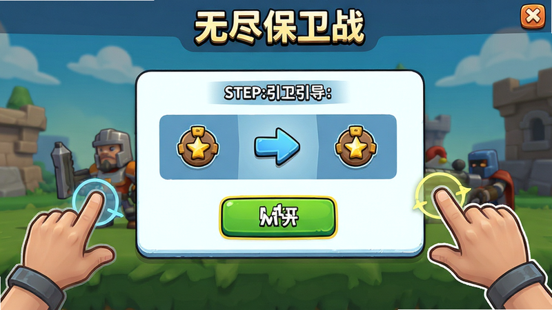 主体为“无尽保卫战”新手教程界面,布局展示步骤引导弹窗与操作手势示意,排版简洁直观,风格为明亮卡通,细节包含箭头指示与高亮按钮,画质清晰,干净,无多余元素