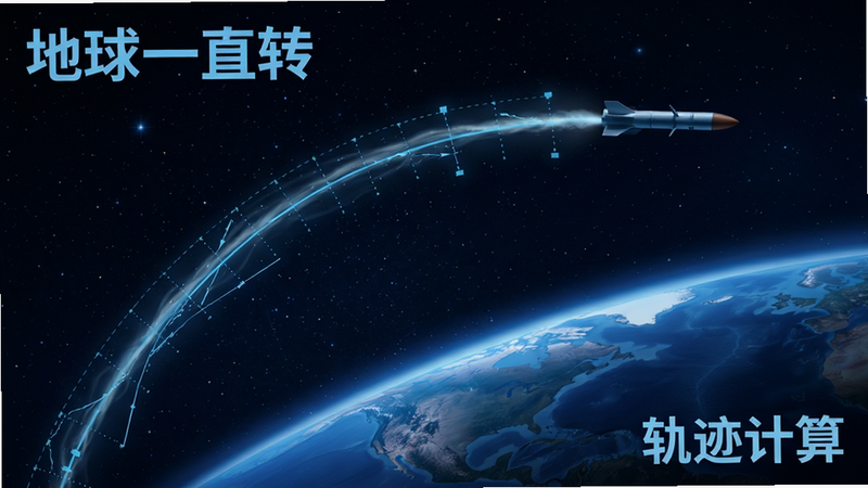 主体为《地球一直转》弹道模拟画面,布局呈现弧形轨迹,一枚导弹在空中划过受偏转影响的曲线,背景为星空与地球弧线,排版简洁,风格为科技蓝调,细节展示轨迹辅助线,画质锐利,干净,无多余元素,文字“轨迹计算”位于右下角
